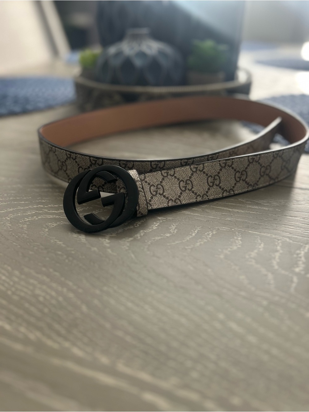 Authentic Gucci Beige Monogram Belt with Black Double G Buckle